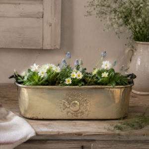 Rare vintage embossed brass copper planter with coat of arms detail and forged iron handles in French country style