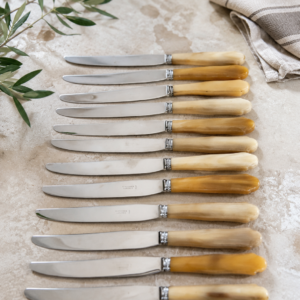 Vintage French horn handle steak knives set of 12 with stainless steel blades and floral presentation box