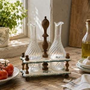 Vintage oil and vinegar ceramic cruet set with floral decoration and wood details in French country style
