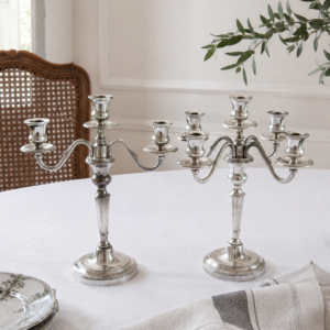 Vintage French silver plate candelabra set with removable candle holders and curved arms