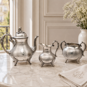 Vintage French silver plated tea set with ornate teapot, creamer, and sugar bowl in elegant Art Nouveau style
