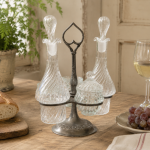 Vintage oil and vinegar cruet set with glass condiment jars and metal stand in French country style