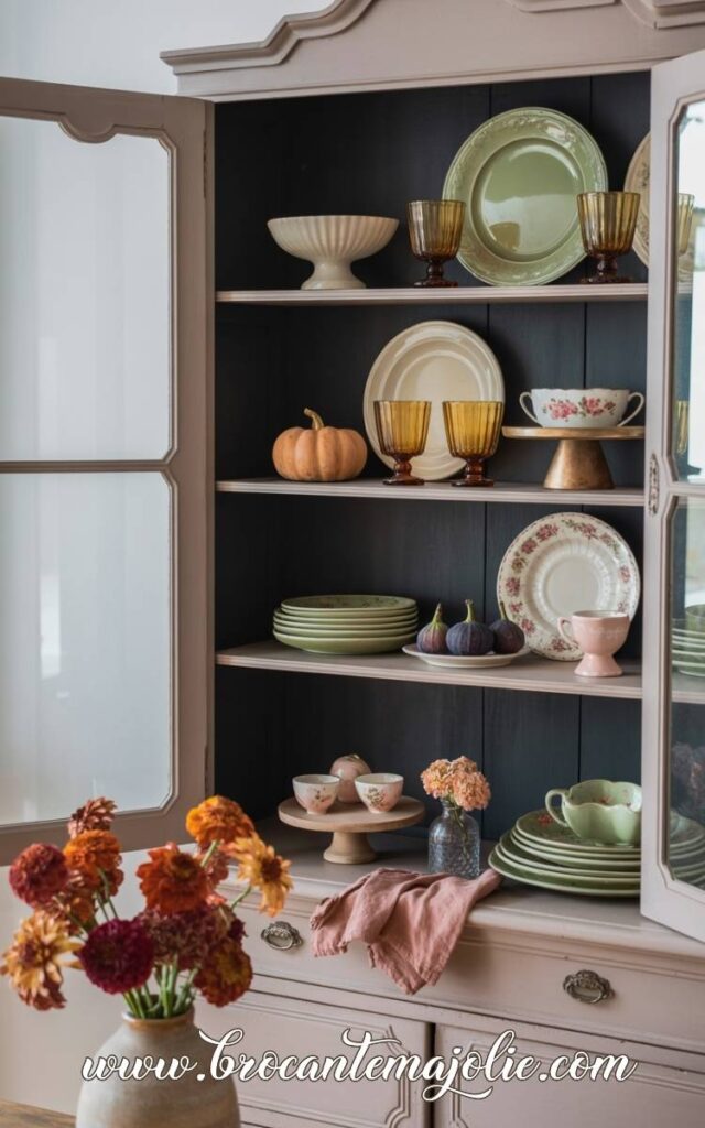 fall shelf styling with dishes