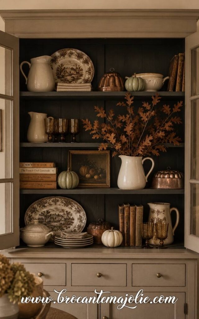 Pumpkins on kitchen shelves for fall