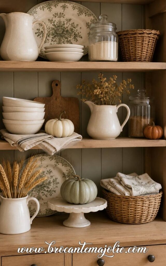 Pumpkins fall kitchen shelves decor