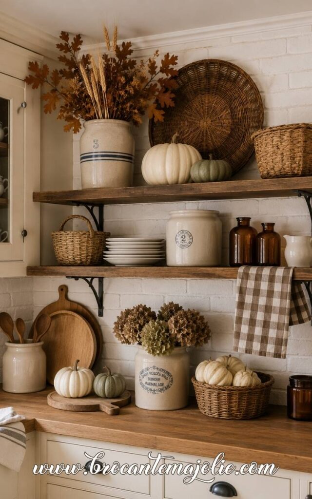 fall shelf styling with vintage items