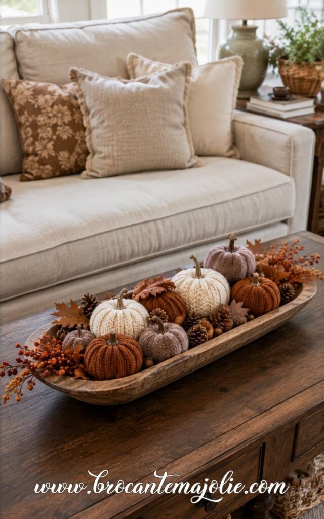 fall living room centerpiece dough bowl tray