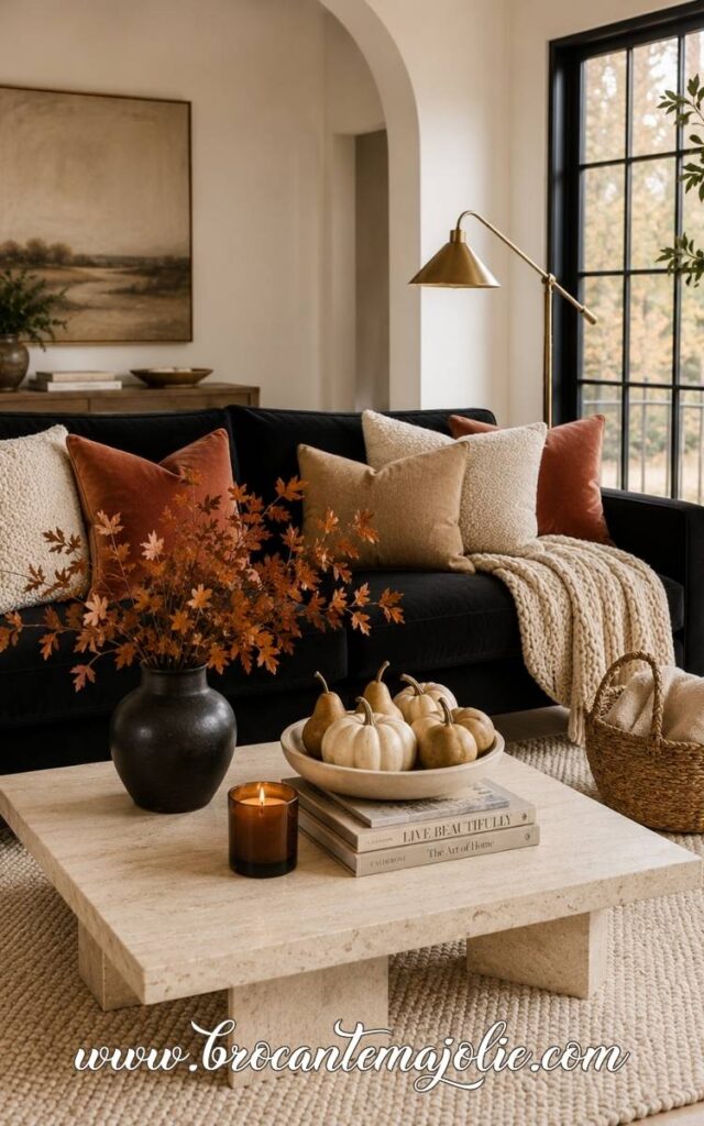 fall living room black couch