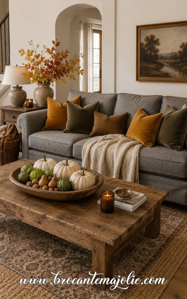 fall living room gray couch