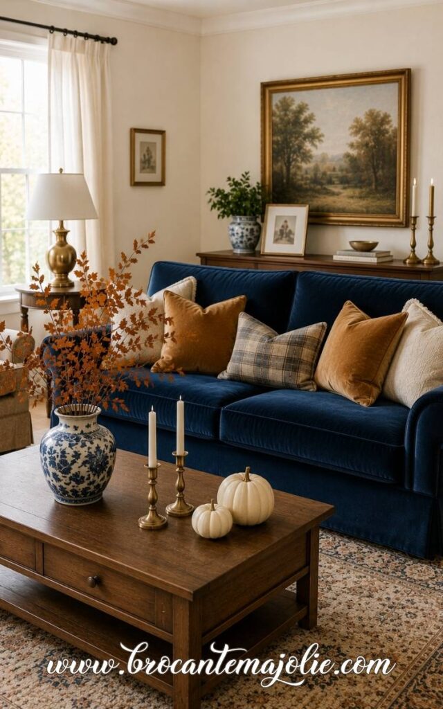 fall living room blue couch