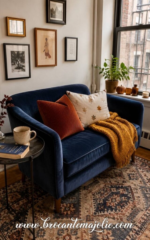 fall living room blue couch