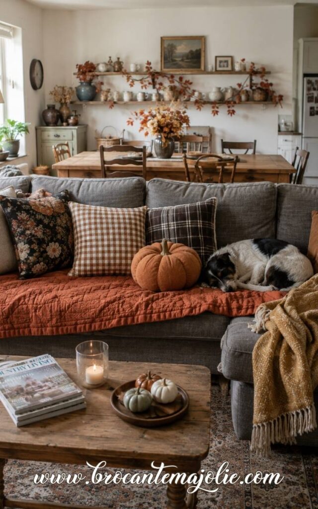 fall living room grey couch