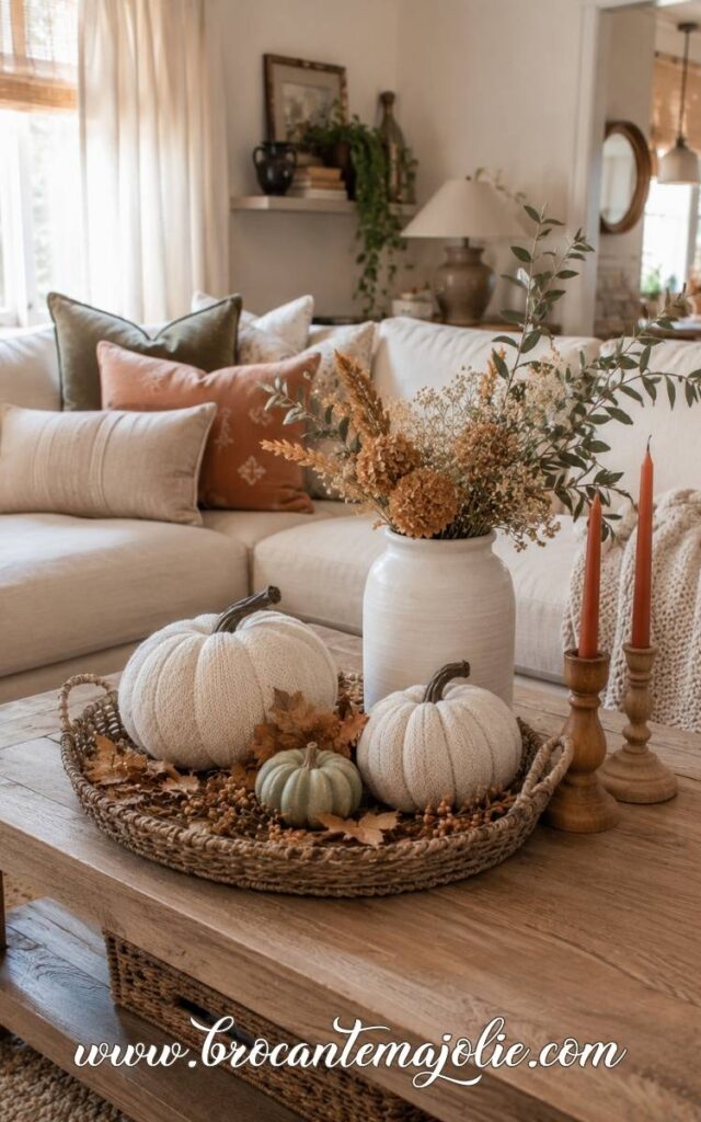 fall living room woven tray and pumpkin
