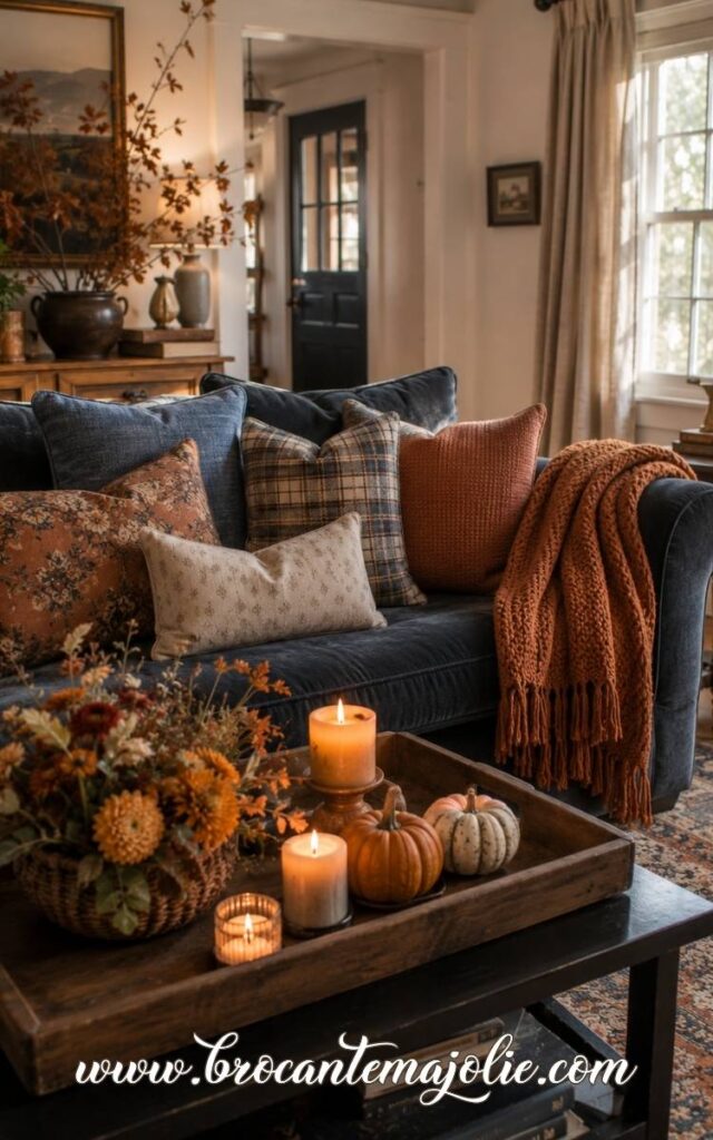 blue rust beige fall living room