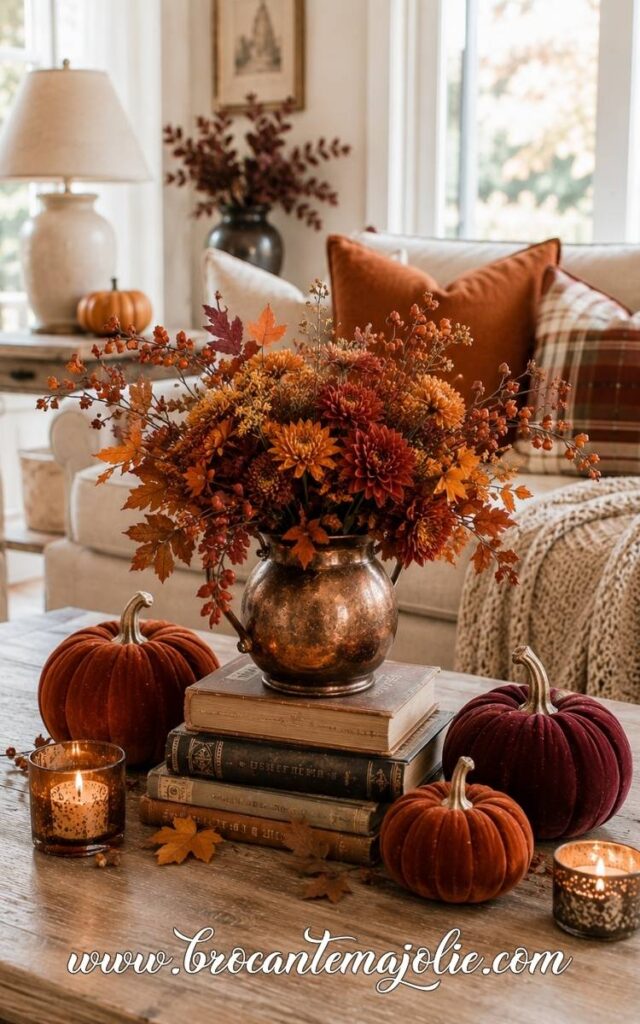 fall living room centerpiece stacked books and pumpkins