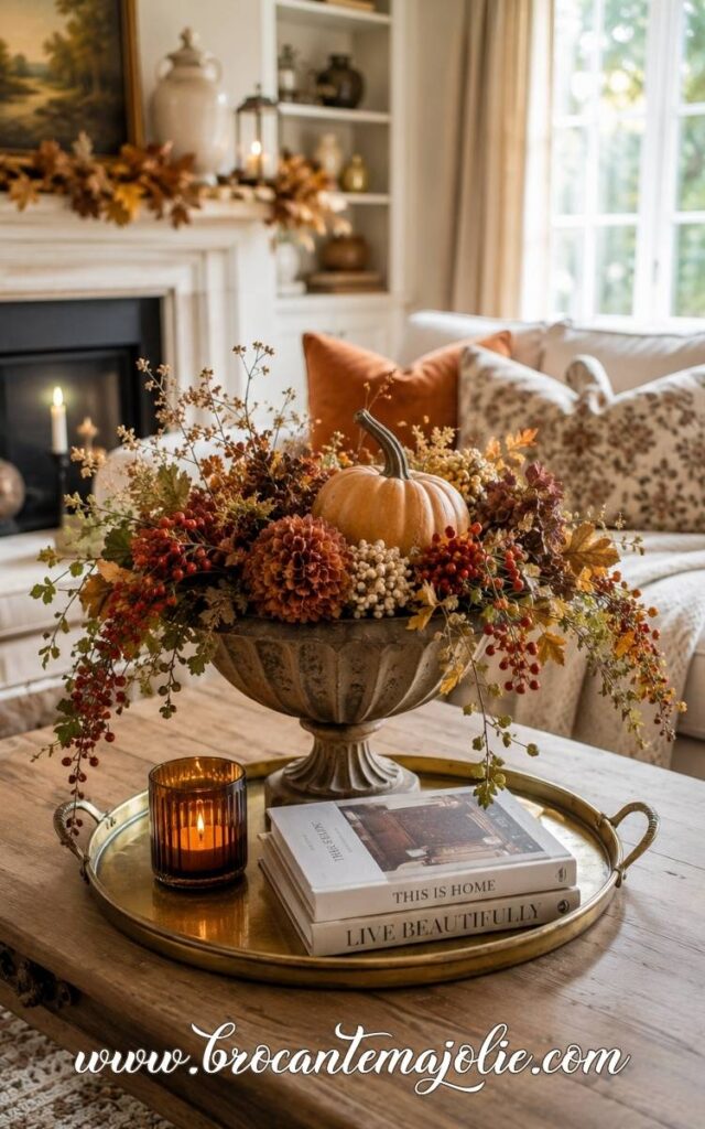 fall living room brass tray decor