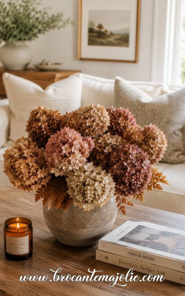 fall living room centerpiece dried hydrangeas