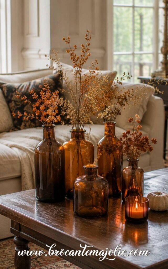 fall living room centerpiece amber glass bottles