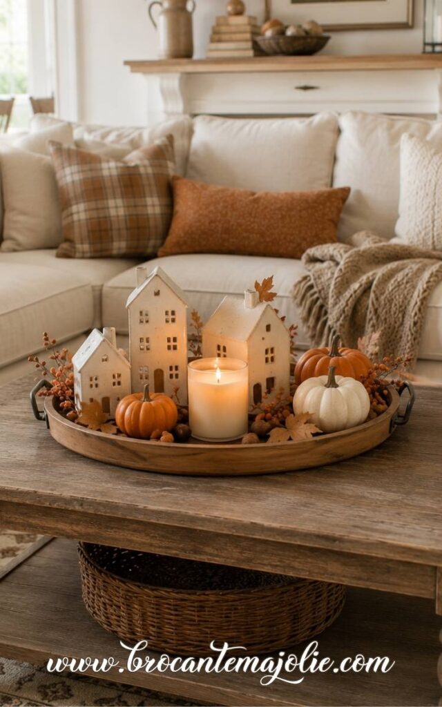 fall living room tray decor with little houses