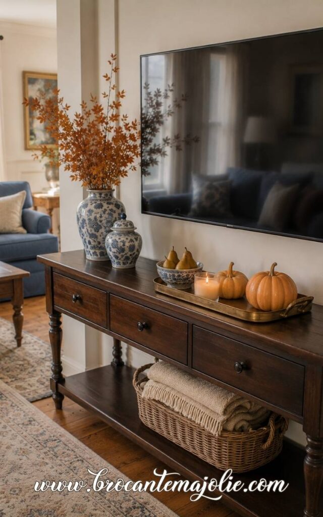 fall tv stand decor in living room