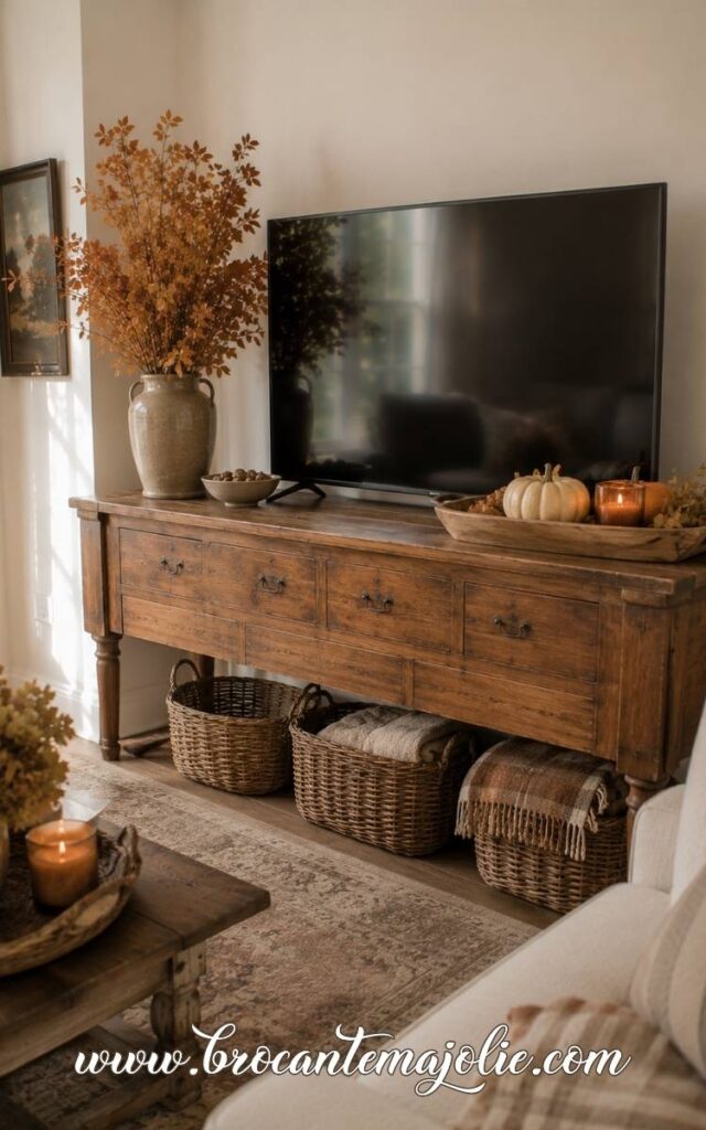 rustic fall tv stand decor in living room