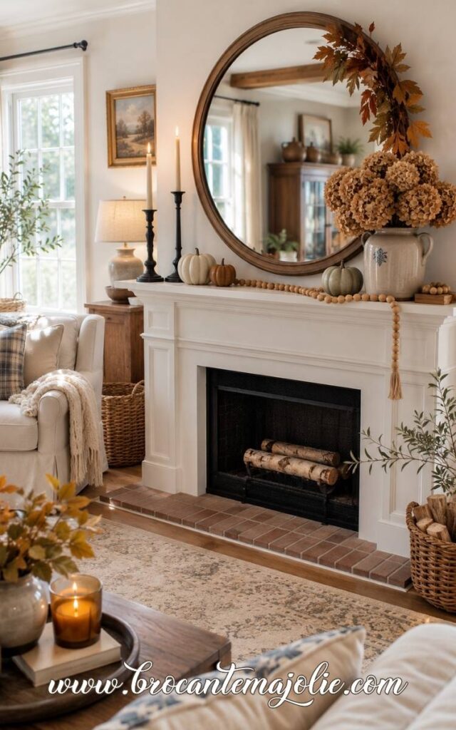 fall mantle decor with mirror