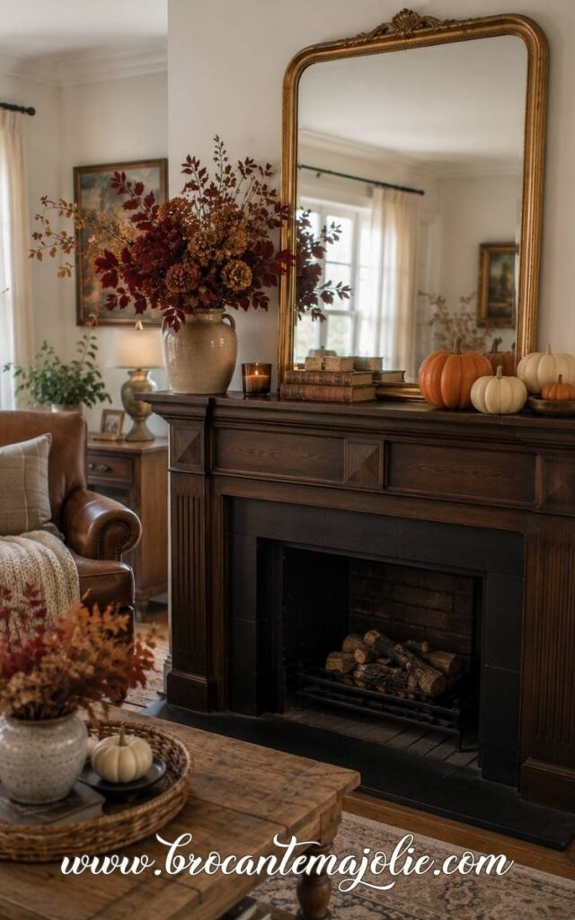 fall mantle decor with mirror