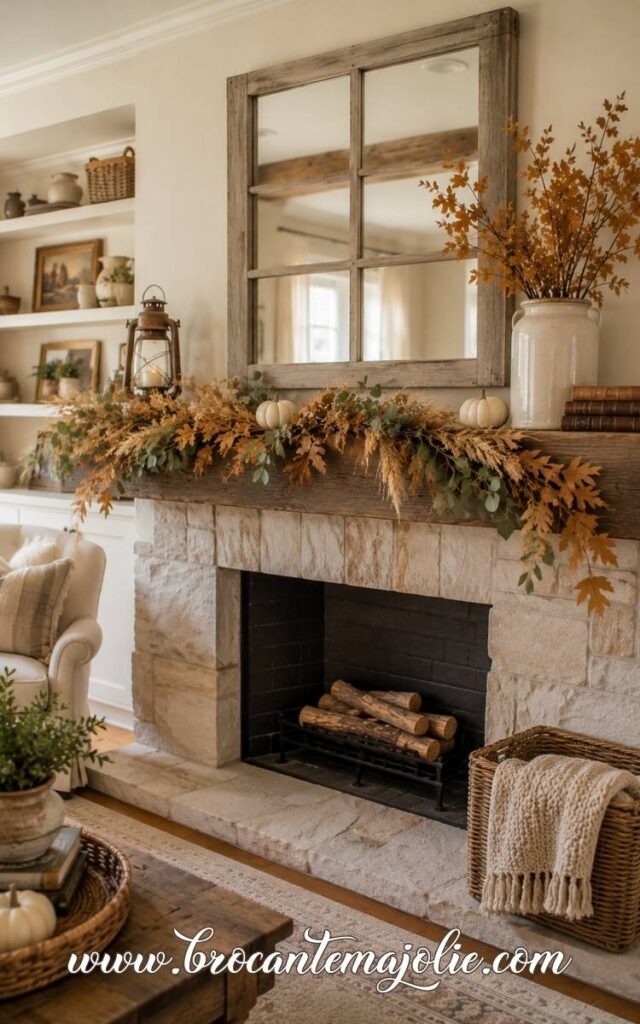 fall mantle decor with mirror