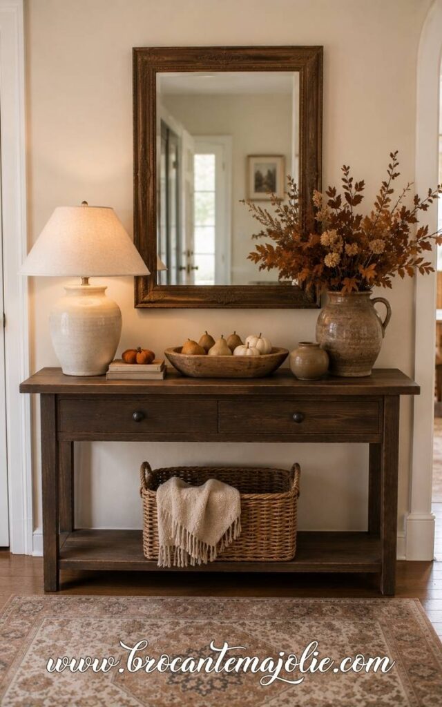 fall console table decor with basket