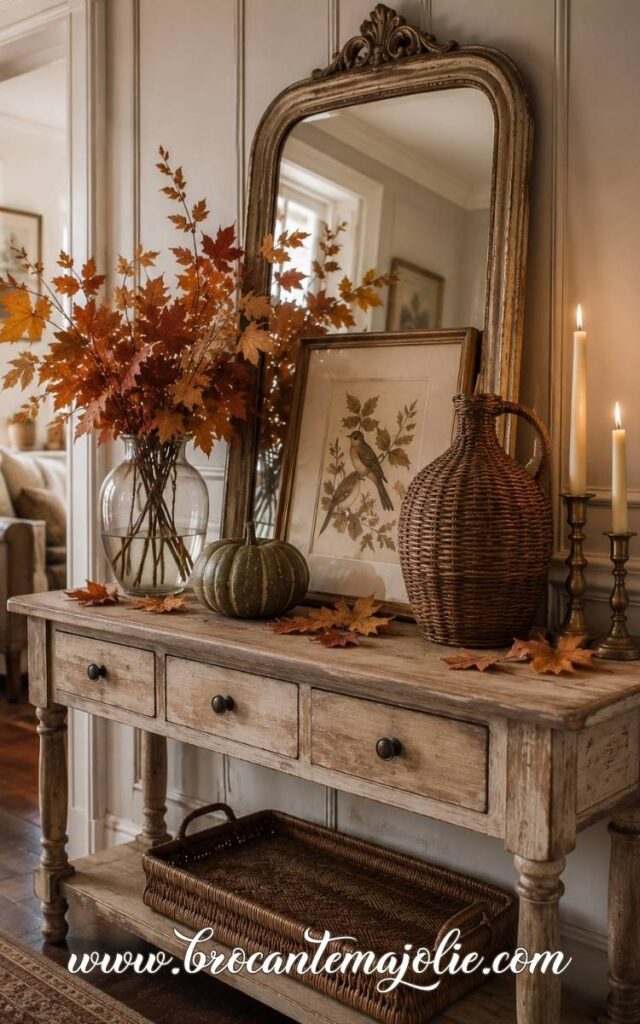 fall console table decor with vintage items