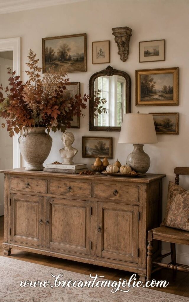 fall console table decor with gallery wall