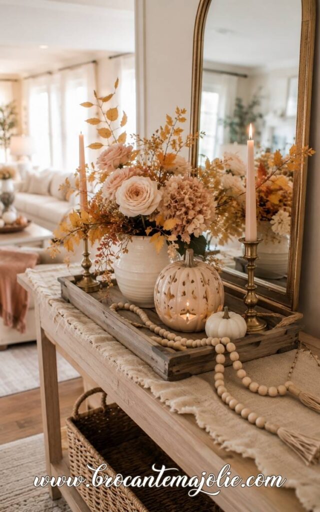 fall console table decor with tray