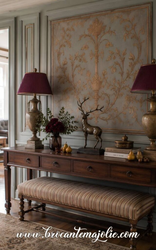 fall console table decor with bench
