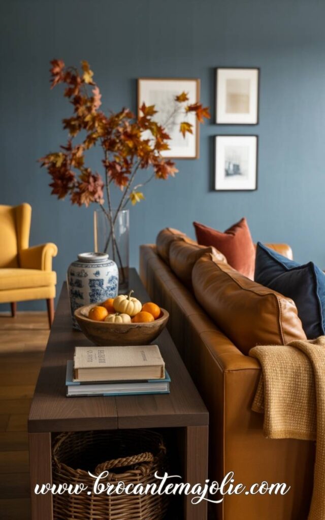 blue rust beige fall living room