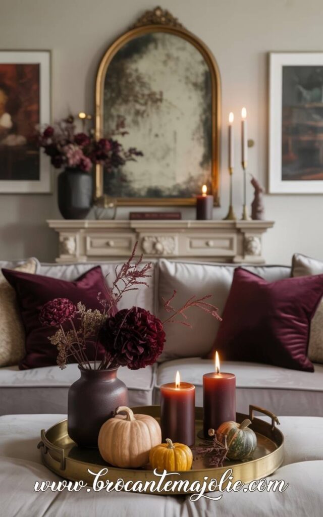 fall living room burgundy tray decor