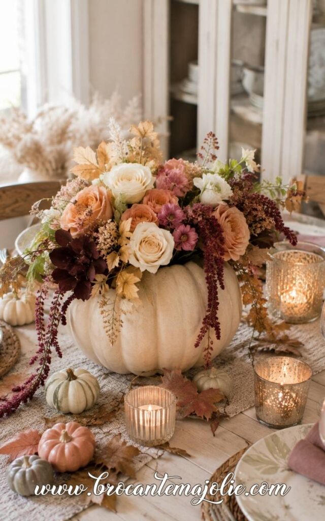 girly pumpkin centerpiece arrangement with flowers