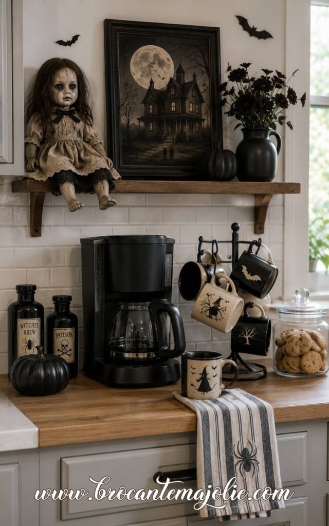 spooky coffee bar with creepy doll