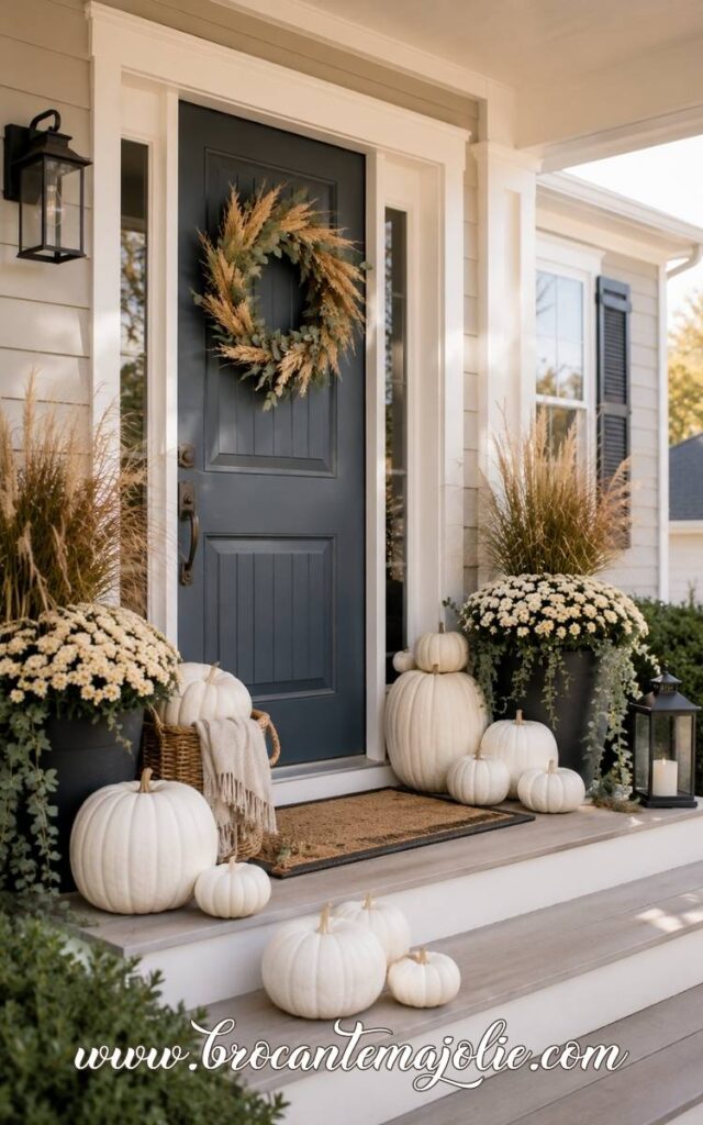white pumpkin porch decor
