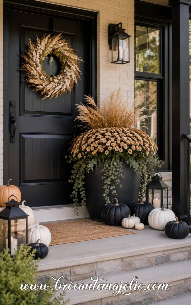 black pumpkin decor front porch