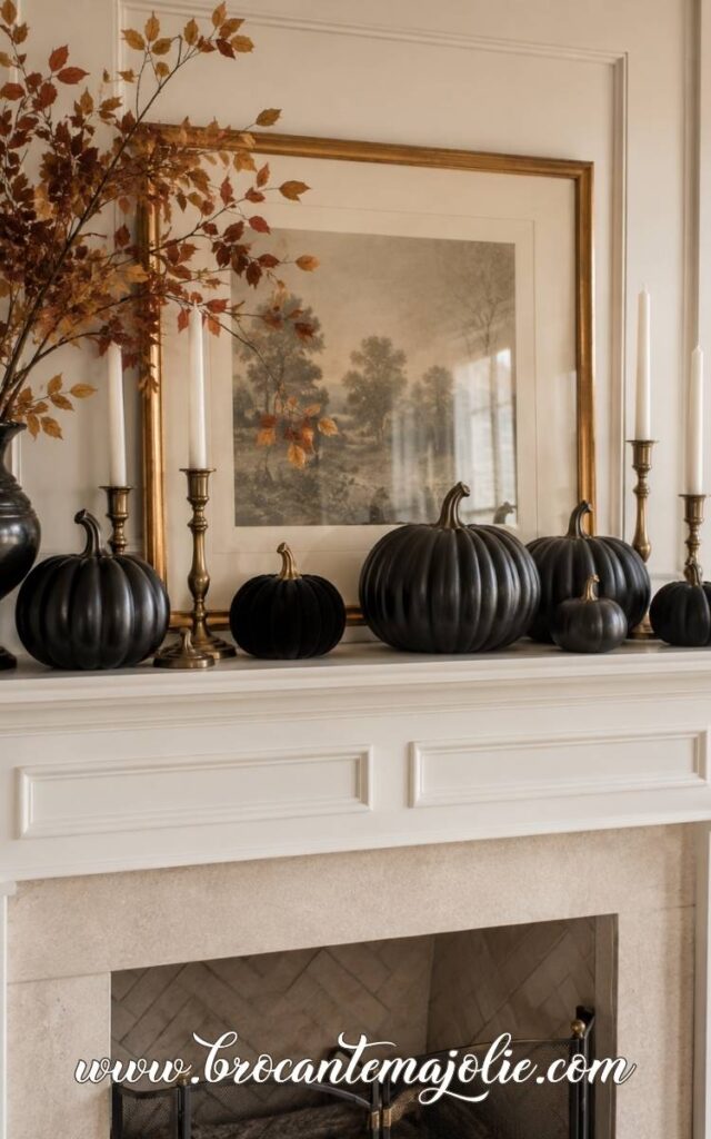 black pumpkin mantle decor
