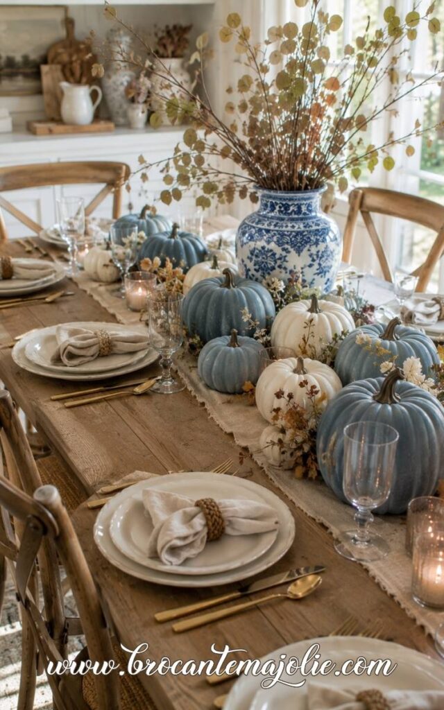 blue pumpkin tablescape decor