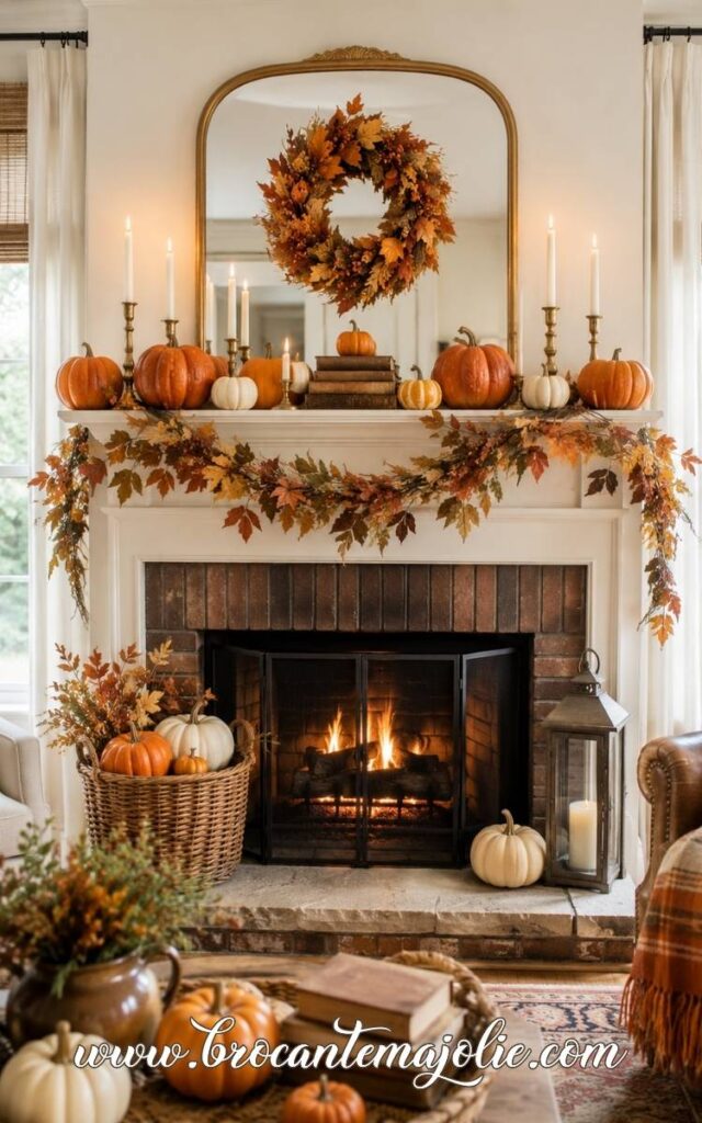 feminine pumpkin mantle decor