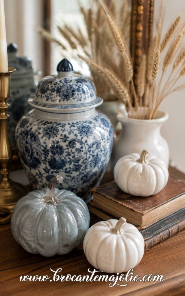blue and white fall decor
