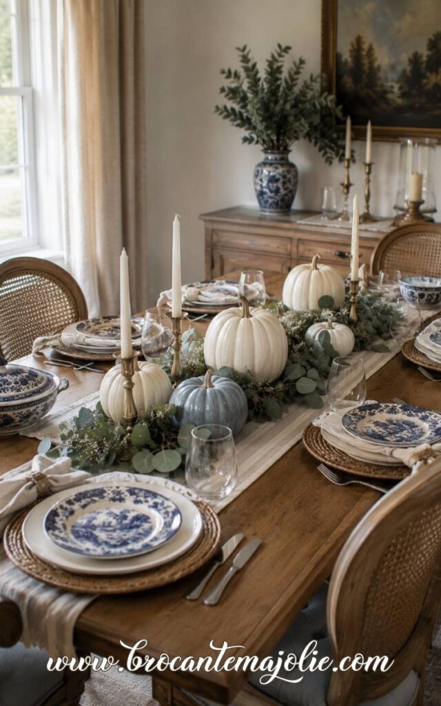 blue and white thanksgiving table decor
