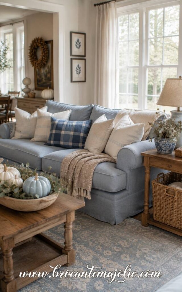 blue and white fall living room