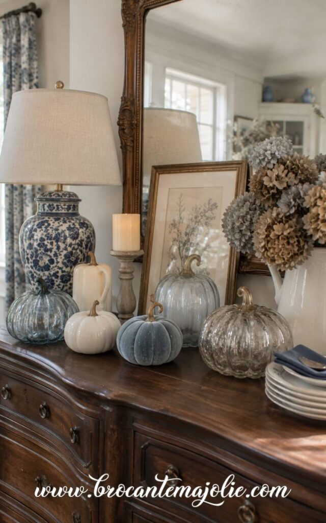 blue and white fall console decor
