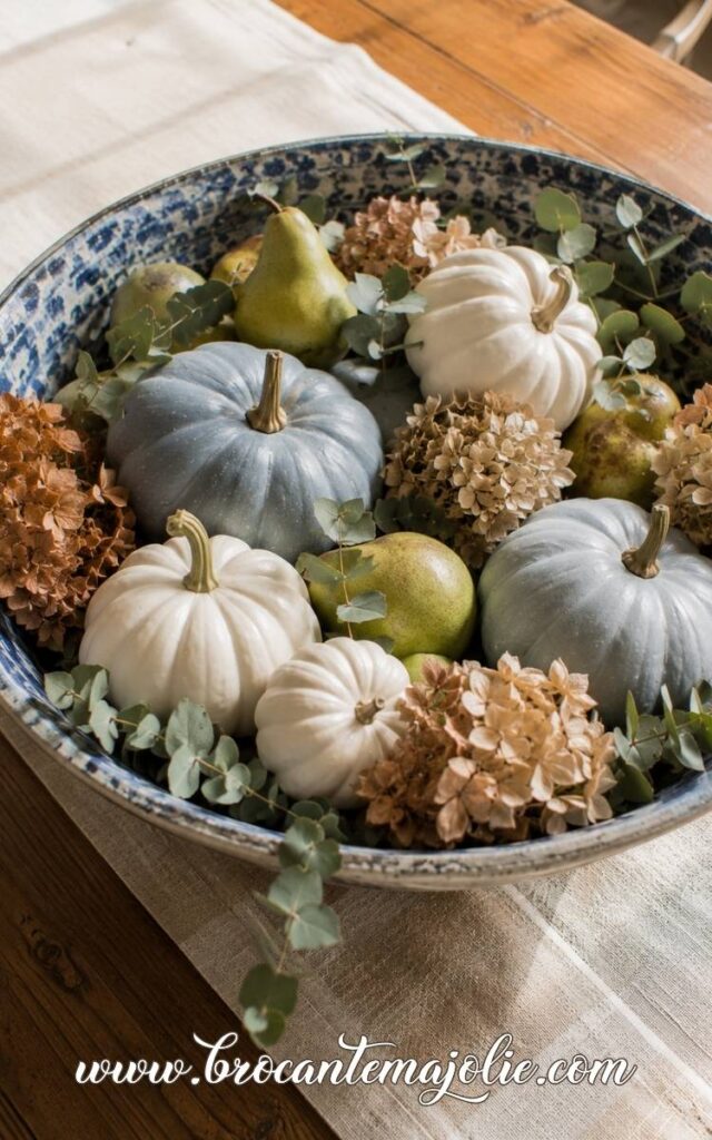blue and white fall centerpiece