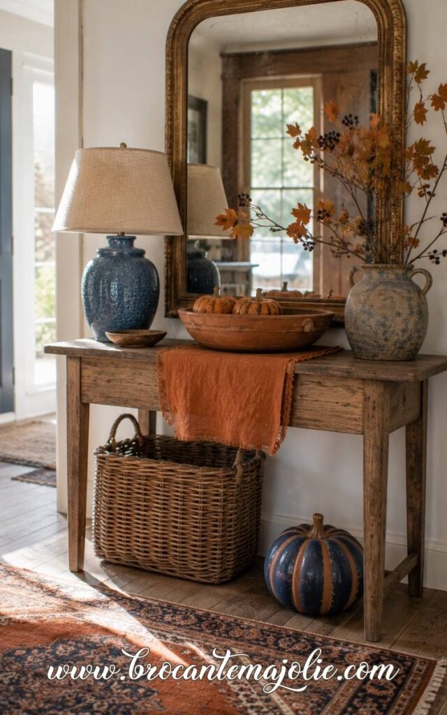blue and orange fall console decor