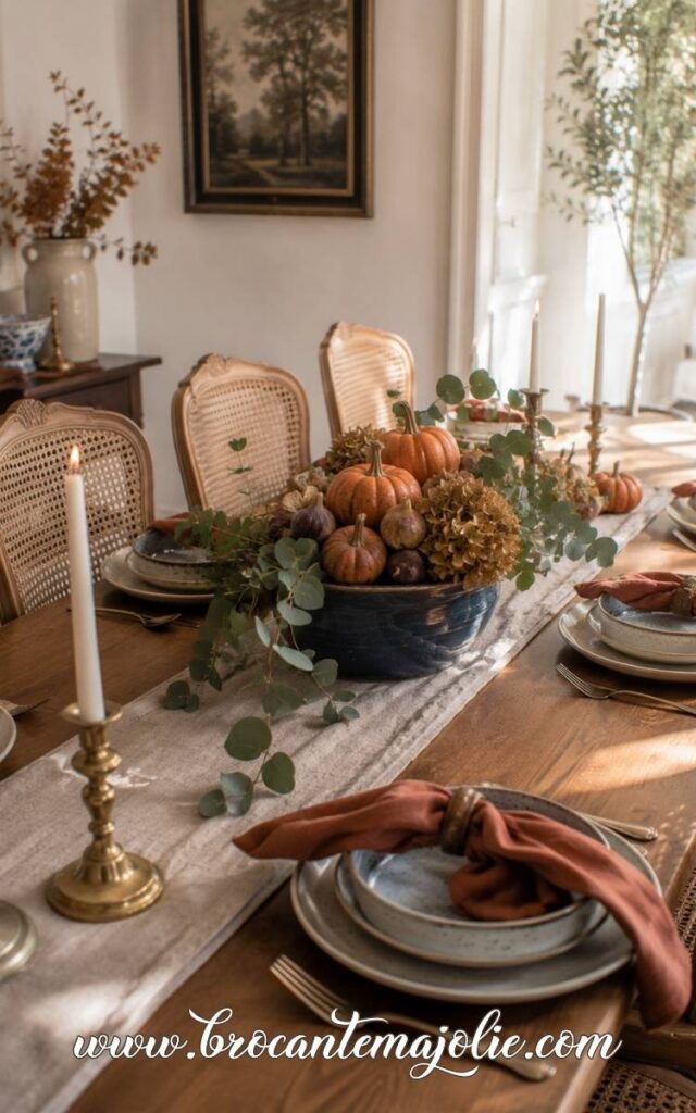 blue and orange fall table decor