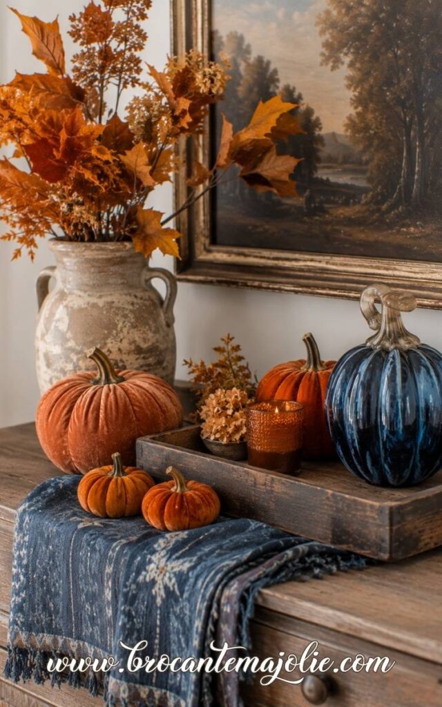 blue and orange fall decor with pumpkins